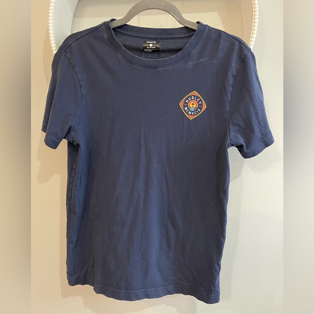 Hurley shirt with small screen print on front and large on back.